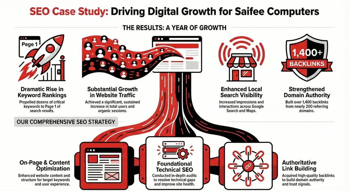Results sheet published for Saifee Computers: a one-page summary of the campaign's figures.